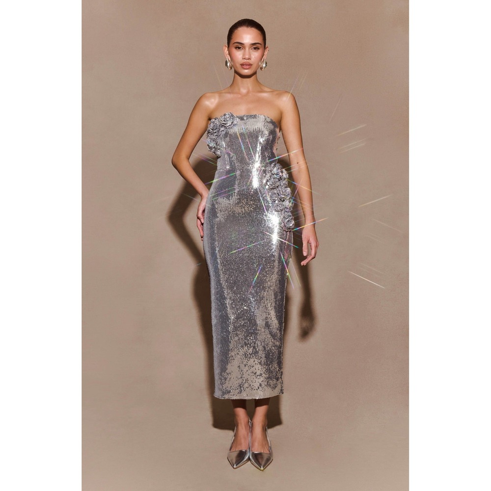 MESHKI Cassia Silver Strapless Sequin Rose Midi Dress Size S
